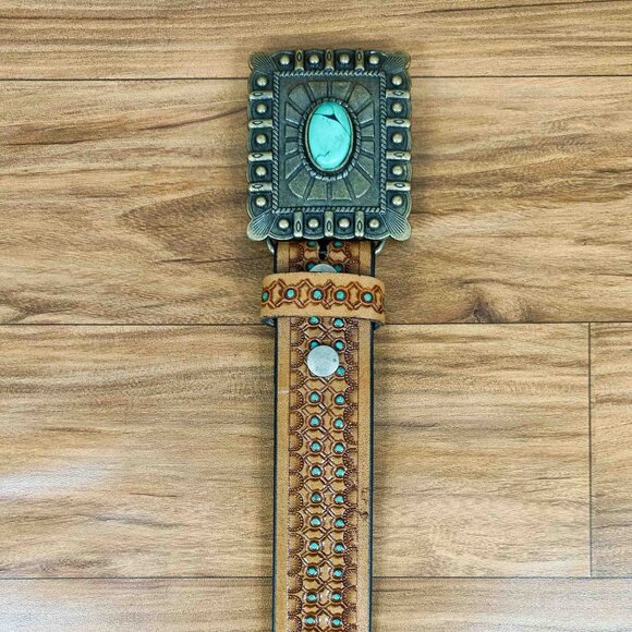 Western Honeycomb Tooled belt, Leather Embossed Belt with Turquoise Dots, Unisex - Picture 5 of 12